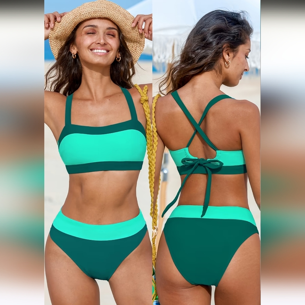 Cupshe Seafoam Green Bikini Top with Dark Green Trim